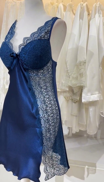 Blue Bridal Cross Design Gown Nighty Turkish Style