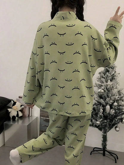 Green Emoji V-Neck Button Printed Night Suit