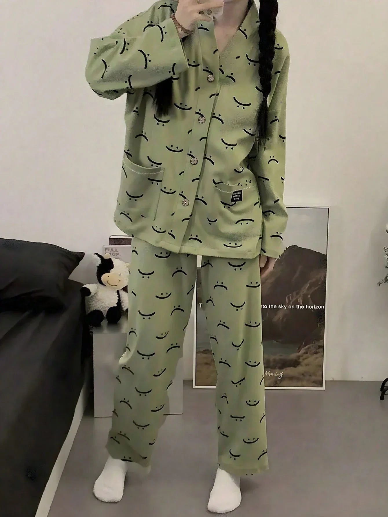 Green Emoji V-Neck Button Printed Night Suit