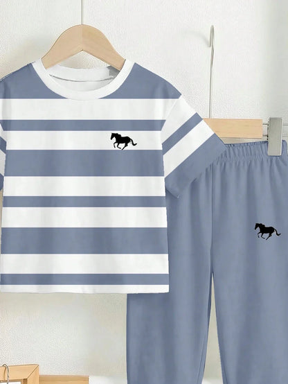 Grey Panel Horse Printed Half Sleeve Kids Suit