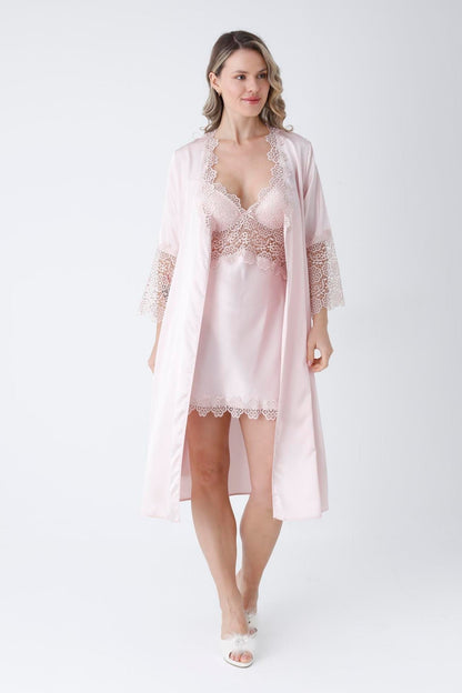PINK 6 PCS LONG SLIT SILK NIGHTY SET