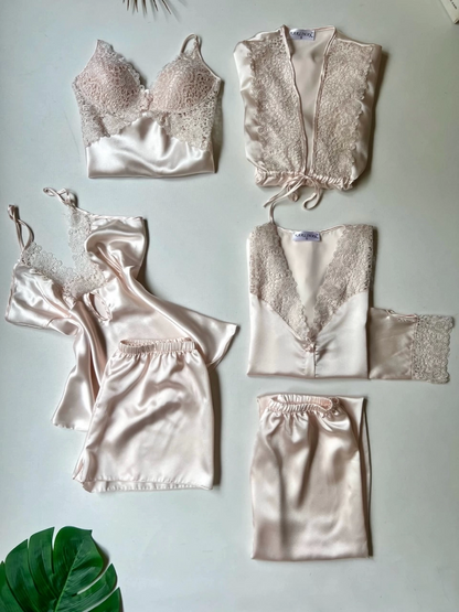 Lace Detailed 6-Piece Satin Nightgown Dressing Gown Nighty Set
