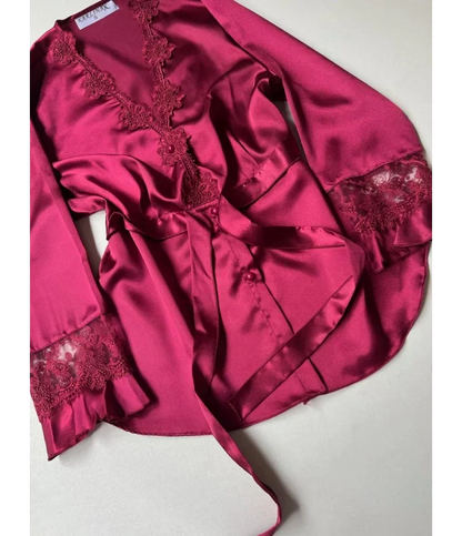 Maroon 6 PCS LONG SLIT SILK NIGHTY SET