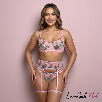 Floral Net Embroidered 4 piece Garter Set