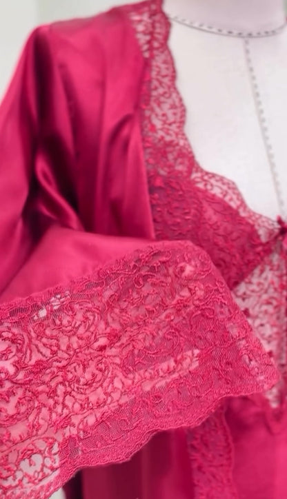 Maroon Long Gown Lace Bridal Nighty