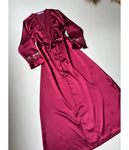 Maroon 6 PCS LONG SLIT SILK NIGHTY SET