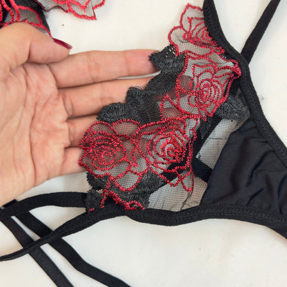 Red Embroidered Floral Garter Set