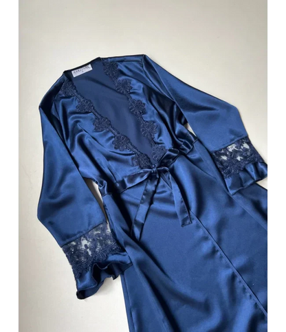 BLUE 6 PCS LONG SLIT SILK NIGHTY SET