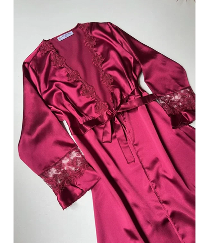 Maroon 6 PCS LONG SLIT SILK NIGHTY SET