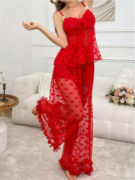 Transparent Mesh Honeymoon Pajama Set Red
