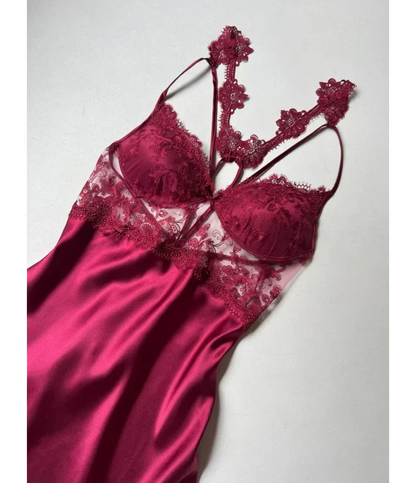 Maroon 6 PCS LONG SLIT SILK NIGHTY SET