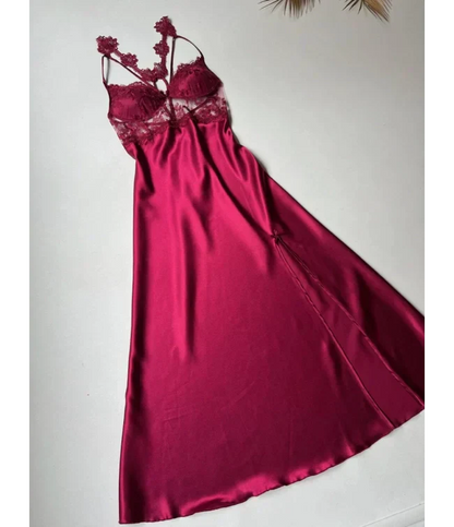 Maroon 6 PCS LONG SLIT SILK NIGHTY SET