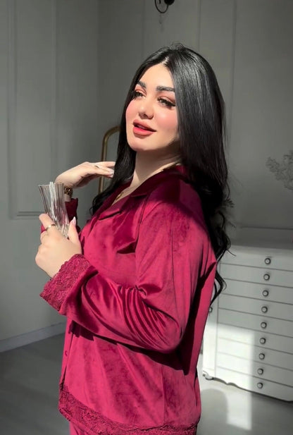 Noir Bloom – Winter Velvet Lacy 2 Pcs Pj Set