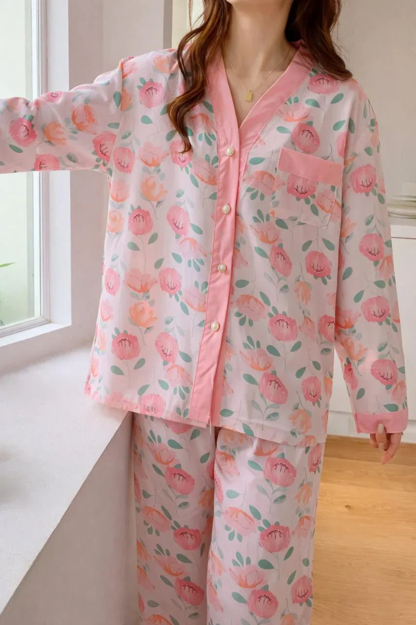 Pink Rose V-Neck Button Printed Night Suit