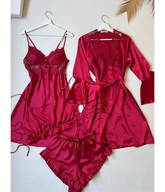4Pcs Silk Turkish Guipure Detail Nighty Set