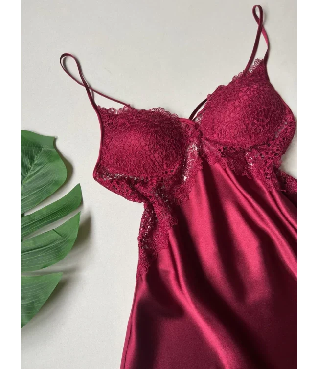 Turkish Detailed 6-Piece Satin Nightgown Dressing Gown Set Maroon