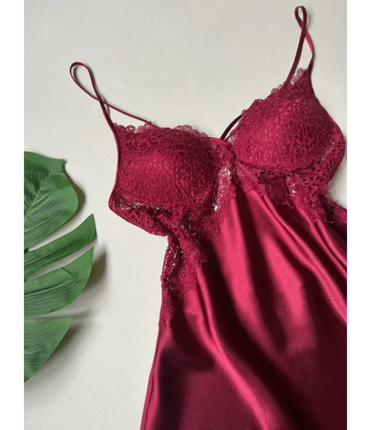 Turkish Detailed 6-Piece Satin Nightgown Dressing Gown Set Maroon
