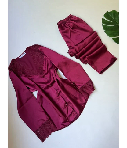 Turkish Detailed 6-Piece Satin Nightgown Dressing Gown Set Maroon