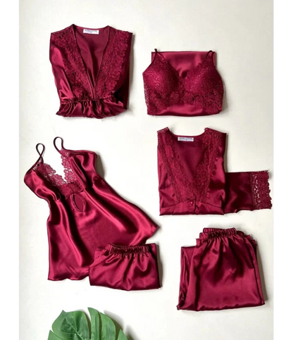Turkish Detailed 6-Piece Satin Nightgown Dressing Gown Set Maroon