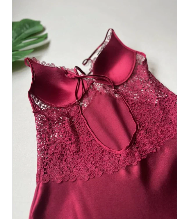 Turkish Detailed 6-Piece Satin Nightgown Dressing Gown Set Maroon