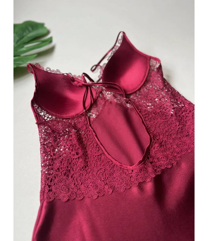 Turkish Detailed 6-Piece Satin Nightgown Dressing Gown Set Maroon