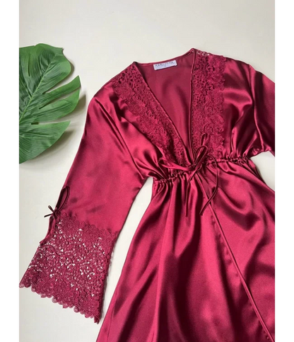 Turkish Detailed 6-Piece Satin Nightgown Dressing Gown Set Maroon