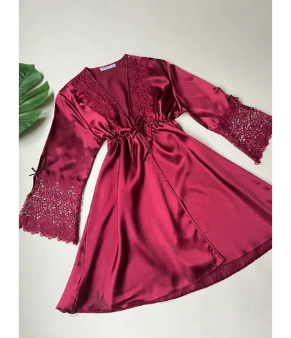 Turkish Detailed 6-Piece Satin Nightgown Dressing Gown Set Maroon